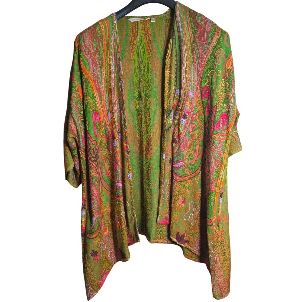 Soft Surroundings Bright Boho Kimono Wrap S/M Wool Blend Embroidered Artsy